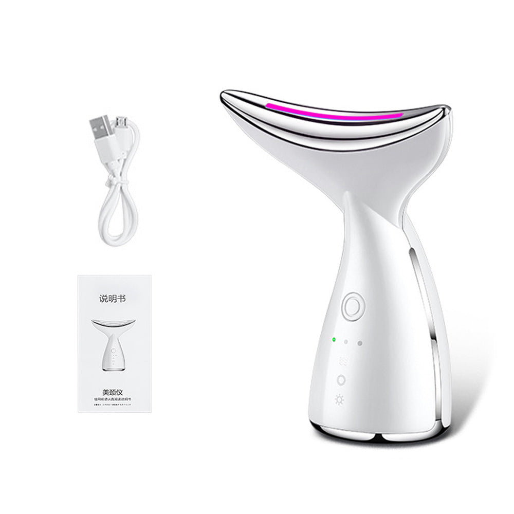 Velvura microcurrent facial lifting device in white showing pink light mode with USB cable and manual
