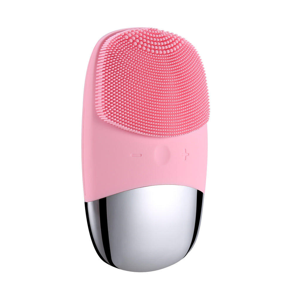 Velvura sonic silicone facial cleansing brush in pink showing soft bristle head on white background